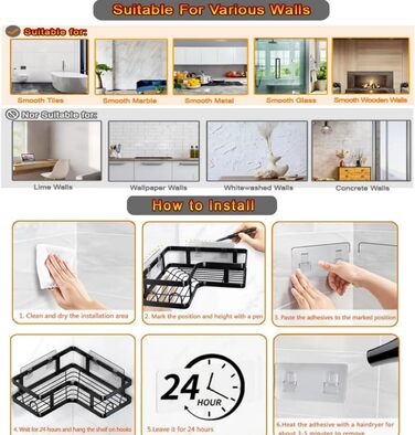 Поличка для душу без свердління, чорна, кутова, 2 шт. Трикутні кошики для душу, органайзер для ванної кімнати з 4 гачками, аксесуари для душу, тримач для шампуню в душ для ванної кімнати