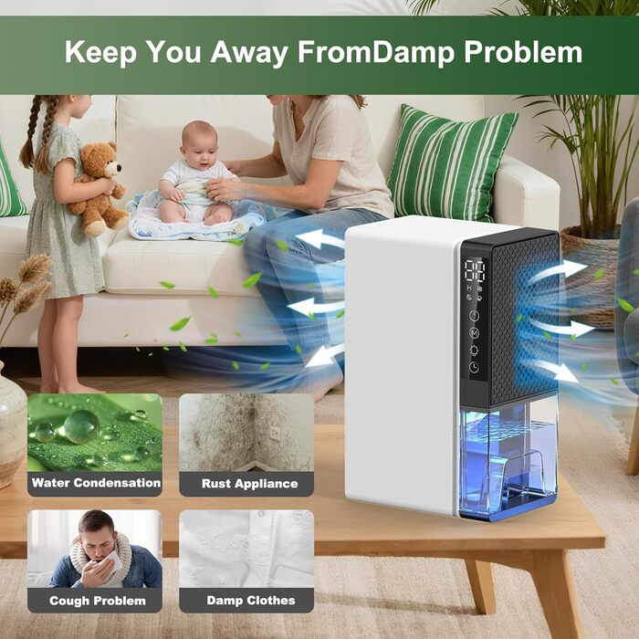 Електричний осушувач повітря 2700 мл з автоматичним вимкненням, таймером, нічним режимом та 7-кольоровим нічним світлом, портативний для дому, ванної кімнати, підвалу (600 мл/24 год)