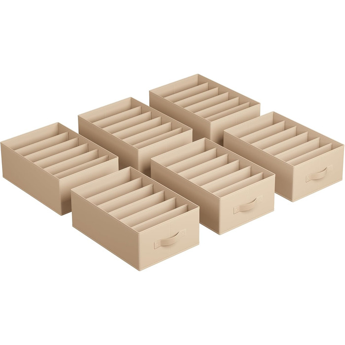 SONGMICS Closet Organizer 6-Piece Set, Storage Box with 6 Compartments, Drawer Organization System, Folding Storage Boxes, 42 x 30 x 17 cm, for Pants, Clothes, RUS009G03 (Sand Beige)