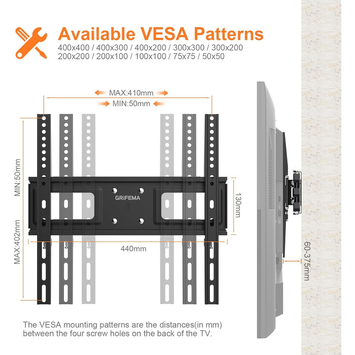 Настінний кріплення для телевізора GRIFEMA: поворотний, нахильний, висувний, універсальний (26-65 дюймів, до 60 кг, VESA 600x400)
