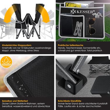 Кемпінгове ліжко KESSER® розкладне, металеве, чорне, 190 см з сумкою та ліхтарем