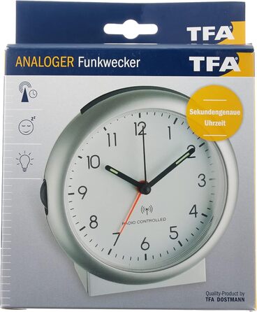 TFA Dostmann Analog Radio Alarm Clock, 98.1036, with Alarm, including Radio Clock, Silver, L 109 x W 50 x H 112 mm