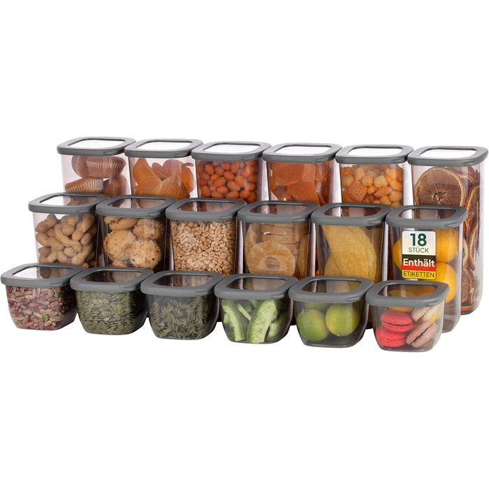 Контейнери для зберігання Uandu з кришкою, герметичні - набір 12 шт. | Організація кухні, зберігання продуктів | Без BPA | Кухонні контейнери для сухих продуктів (18 Mix-сірий)