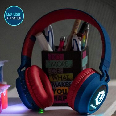 Дитячі навушники PowerLocus Bluetooth Over-Ear з LED-підсвічуванням та обмеженням гучності 85dB, з мікрофоном для телефону, планшета, ПК, ТВ (Синій/Червоний)