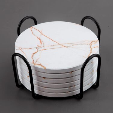 Fun coasters for drinks, marble-style, absorbent ceramic coasters with metal stand, housewarming gifts, decor set of 6, with cork base for wood table (White)