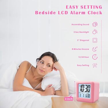 Цифровий туристичний годинник Plumeet з будильником, софт-нічником та великим дисплеєм, рожевий