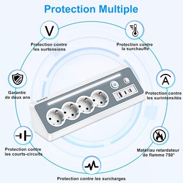 Мережевий фільтр з USB та 2 Type-C, 4 розетки, кутова розетка, мережева смуга з LED-підсвічуванням, захист від перенапруги 3680W 16A, 90° розгалужувач з вимикачем, кабель 1,5mm², білий для кухні/офісу