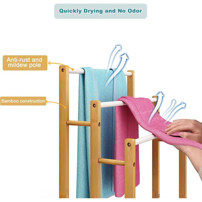 Підставка для рушників Dripex з бамбука, 96 см, з 3 нержавіючими стійками та полицею для ванної кімнати
