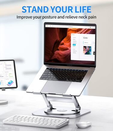 AOEVI Adjustable Laptop Stand with 360° Swivel Base - Ergonomic Foldable Laptop Riser for Desk - Compatible with MacBook Pro/Air & Notebooks up to 16 inches (Pro Silver)