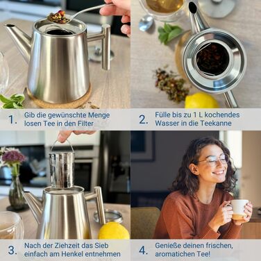 Заварник для чаю Teekanne з ситечком, 1 л, нержавіюча сталь, з функцією підігріву та пробковим підстаканником, двостінний чайник для листового чаю та трав'яних настоїв