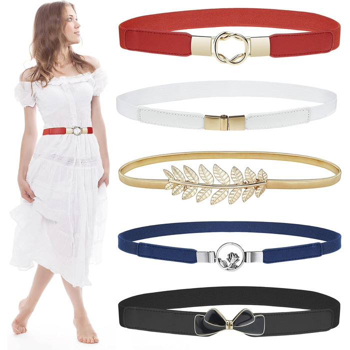 Жіночі тонкі ремінні EAONE 5 шт. у наборі, еластичні пояси для суконь, великі розміри, кольори: золото, чорний, білий, червоний, темно-синій