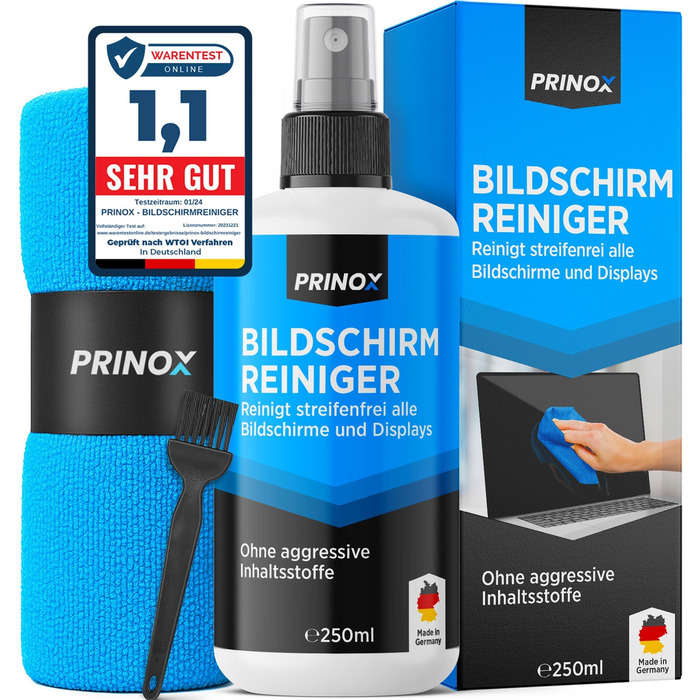 PRINOX Набір для чищення екранів 250 мл: засіб + мікрофібра + пензлик для мобільних, ноутбуків, телевізорів (LCD, LED, OLED, QLED, TFT) від жиру та відбитків пальців