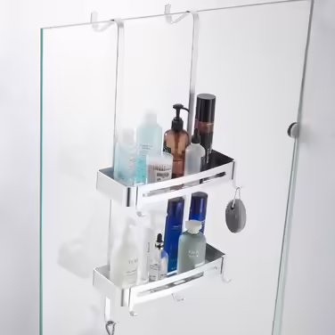 MOGFCT Shower Shelf for Hanging, Bathroom Shower Storage, Over-the-Door Hanging Shower Shelf, Stainless Aluminum Shower Shelf, Bathroom Shelf with Hooks (Double Silver)