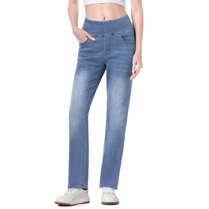 Жіночі джинси Dunke Bau: Прямі джинси-джеггінси з високою талією, еластичний денім, 4 кишені, модний bootcut, середньо-синій колір, розмір S (29)