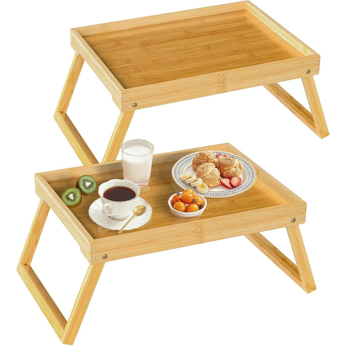 Набір столових тасочок з підніжками, бамбукові таці для їжі, сніданку в ліжку, сервірування, ноутбука, вечері в ліжку (2 шт.) (Білий, Бежевий)