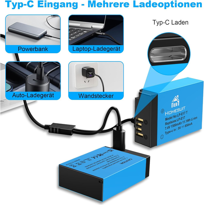 Акумулятор LP-E17 1300mAh Homesuit та LED-зарядний пристрій Dual USB для Canon Rebel SL3, SL2, T8i, T7i, T6i, T6s, EOS R10, R50, R8, RP, M3, M5, M6, 200D, 77D, 750D, 760D, 800D, 8000D (2 шт.)