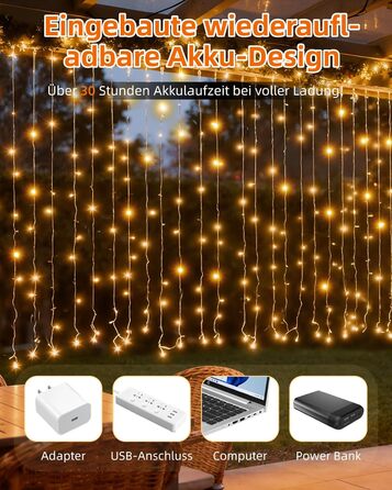 LED штора Anpro 3x3м, USB, 8 режимів, тепле світло для декору, вечірки, спальні