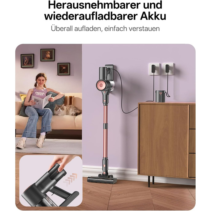 Бездротовий акумуляторний пилосос Vexilar V10PRO 6-в-1 з LED, потужність 450W, час роботи 45 хв, сила всмоктування 45000Pa. Підходить для твердих поверхонь, килимів та видалення шерсті тварин. Компактний, легкий, з телескопічною трубою. Колір: Рожевий.