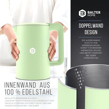 Balter Stainless Steel Kettle WK-4, 1.7 Liter, Electric Kettle, Double-Walled Design, BPA Free, LED, Compact Tea Kettle, Quiet (Black) (Mint)