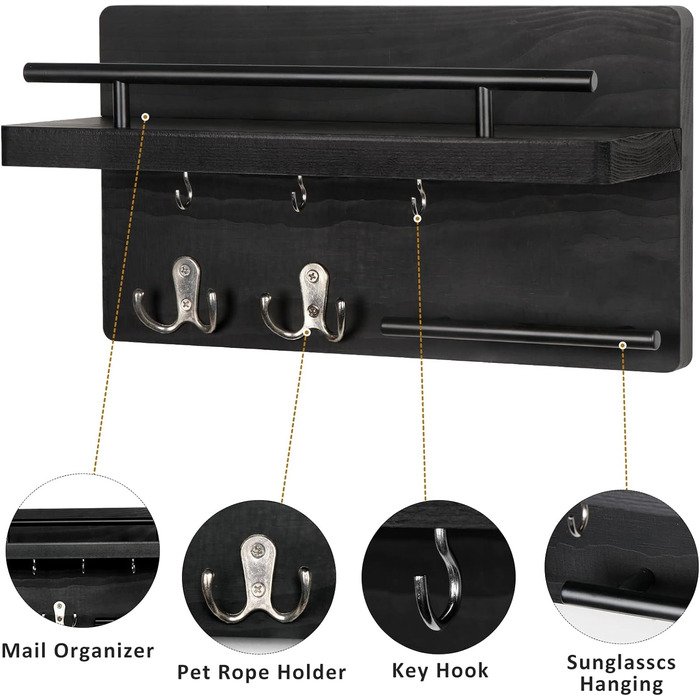 Настінна вішалка для ключів на 5 гачків, дерев'яна дошка для ключів з полицею, настінний органайзер для ключів, рустикальна вішалка для ключів, органайзер для ключів, декор для дому (чорний)