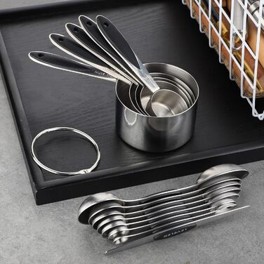 Measuring cup and spoon set includes 5 stainless steel measuring cups, 7 magnetic measuring spoons, and 1 leveler for dry or liquid ingredients (black)