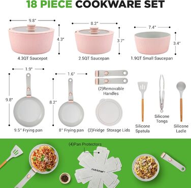 Набір посуду NutriChef 18 предметів з керамічного покриття, знімні ручки, без PTFE, антипригарний, економний, для духовки та плити, колір кремовий