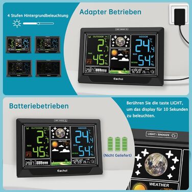 Eachui Weather Station Radio with Outdoor Sensor, Large Color Display, Radio Weather Station with Weather Forecast, DCF Radio Clock, Indoor and Outdoor Temperature and Humidity, Barometer, Battery Powered (Black)