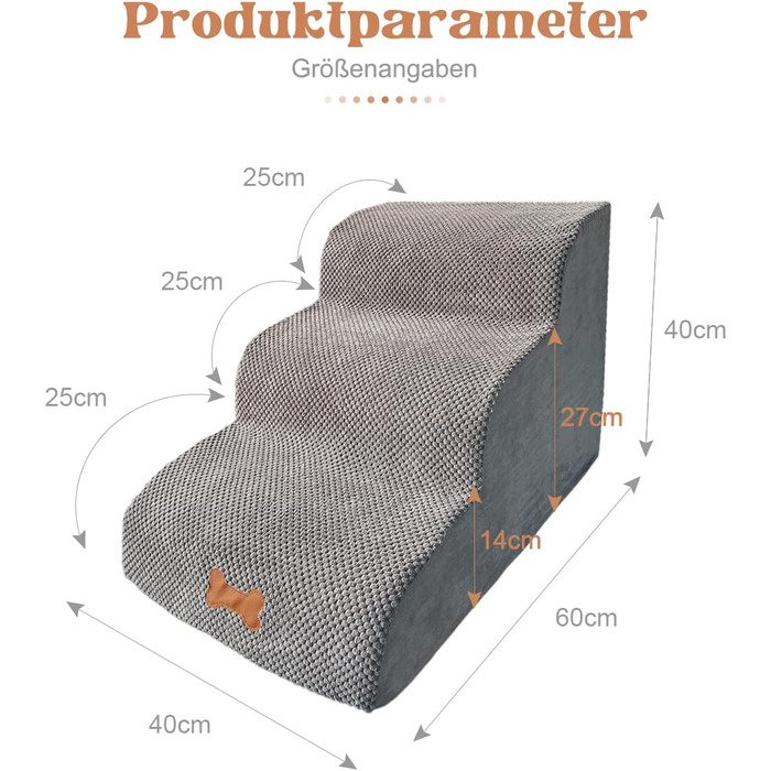 3-Step Dog Stairs for Small Dogs, Bounabay Removable Dog Ramp, Washable Portable Ladder Pet Stairs for Sofa Bed, Cat Stairs Made of Sponge, 40 cm High Dog Stairs