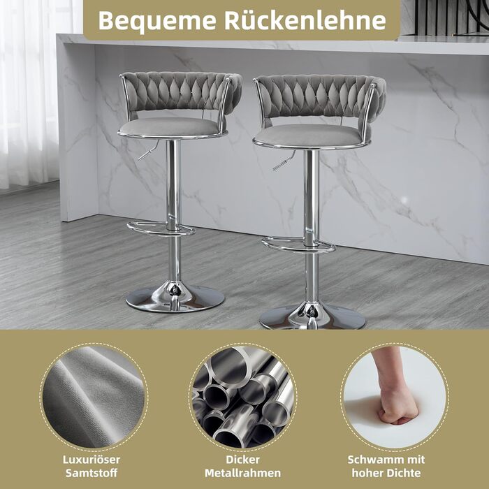 Adjustable Velvet Bar Stools 2-Pack with Backrest & Armrests - Ergonomic Swivel Bar Stools with Handwoven Velvet & Gold Legs for Kitchen Island, Bar, Restaurant - Includes Footrest (Silver, Grey)
