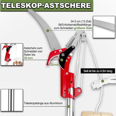 Telescopic Pruning Saw with Pole Saw, 82-402cm Pole Saw with Telescopic Handle, Adjustable Length Pulley Garden Saw Tree Saw, Lightweight Stainless Steel Telescopic Saw High Reacher, Manual Tree Shears for High Branches