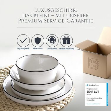 Набір посуду з порцеляни 48 предметів, 12 осіб, скандинавський стиль, білий з чорним обідком, Pure Living