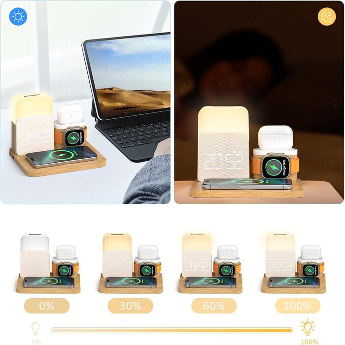 COLSUR 3-in-1 Charging Station for Apple Watch, iPhone, AirPods, 15W Fast Wireless Charger for iPhone 16/15/14/13, Nightstand Lamp with Charging Function, Alarm Clock with Charging Station, Phone Accessories
