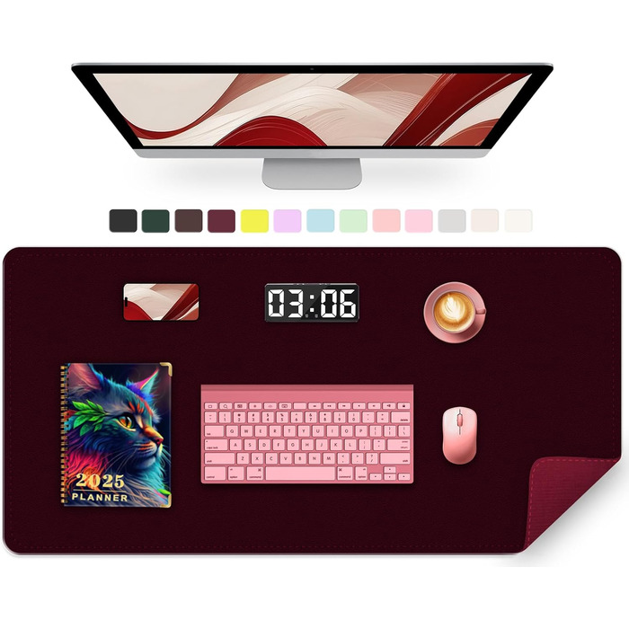 Підкладка для столу 90 x 43 см, PU шкіра, велике захисне покриття, водонепроникна та неслизька, для комп'ютера, офісу, клавіатури та миші (Бургунді)