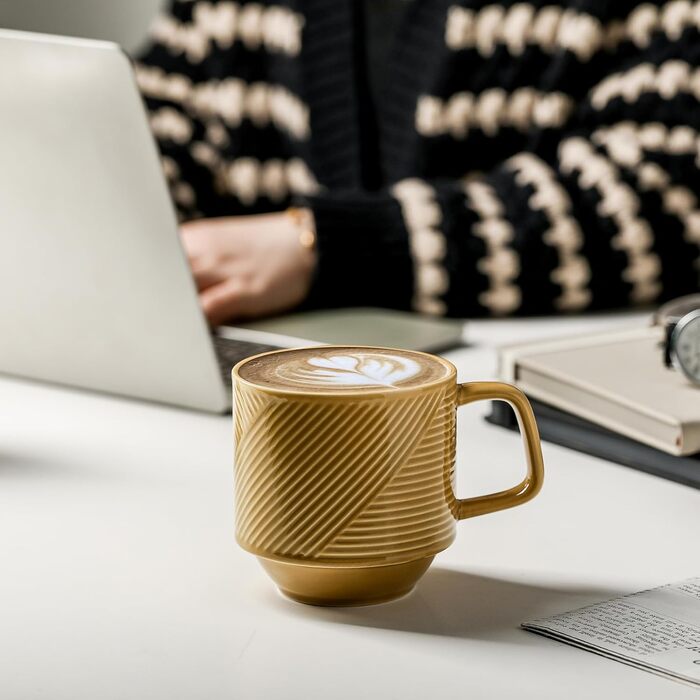 Набір кавових чашок з підставкою: 4 шт., 370 мл, кераміка, для лате/капучино, кольорові, Senfgelb