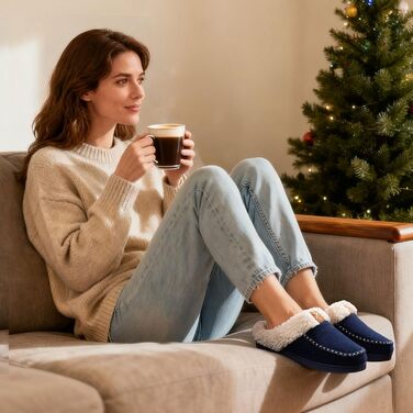 Домашні тапочки LongBay для жінок, теплі, з ефектом вовни, з піною Memory Foam, м'яке Sherpa підкладка, для дому та вулиці (38/39 EU, Navy Blue)