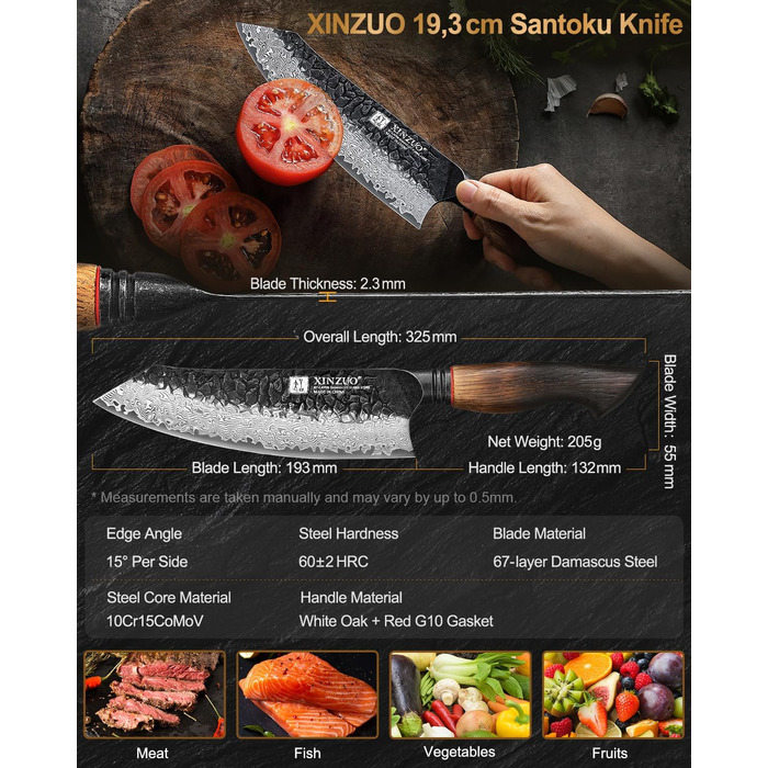 Ніж Сантоку XINZUO Damaststahl 19,3 см - професійний кухонний ніж з дамаської сталі, серія Mo, ергономічна ручка з білого дуба
