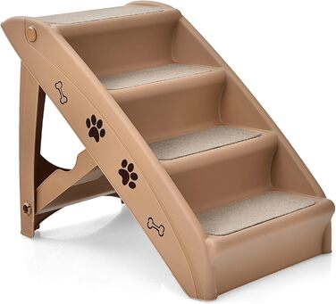 Сходинки для домашніх тварин GYMAX з 4 сходинками, складана драбинка для собак і котів з пластику, з антиковзкими накладками, 4 килимками та трикутною структурою, допомога у підйомі для котів та собак (колір: кава)
