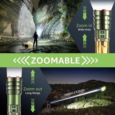 Потужний LED ліхтар 1000000 люмен, акумуляторний, з режимом кемпінгу, регулюванням фокусу, 11 режимів, довга робота від акумулятора, водонепроникний тактичний ліхтар для кемпінгу, відпочинку на природі та надзвичайних ситуацій (зелений)