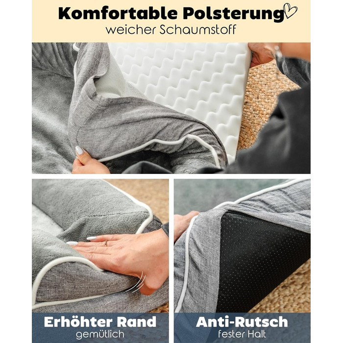 Ортопедичне ліжко для собак Lionto з піднятим бортиком, 97x71x17 см, м'який фланелевий килимок, знімний та пральний чохол, неслизьке, для собак та котів, сірий