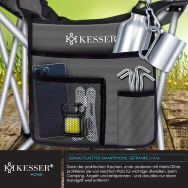 Крісло для кемпінгу KESSER® - складне, до 150 кг, з підлокітниками, високою спинкою, для риболовлі, відпочинку, пляжу, з підсвіткою, тримачем для напоїв, сумка, бежевий (антрацитовий/чорний)