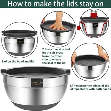 Mixing bowls with airtight lids, set of 6, stainless steel, stackable metal storage bowls, non-slip bottom, sizes 7, 3.5, and 1 QT, ideal for mixing and serving (gray)