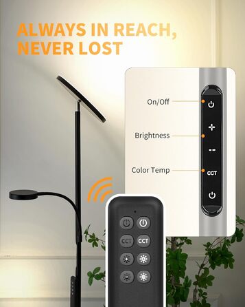 Стійка лампа LuminexDesigns з регулюванням яскравості, 36W+7W LED, 3200LM+600LM, 2700K-6500K, чорний колір. Сучасна підлогова лампа для вітальні з пультом дистанційного керування та функцією настільної лампи.