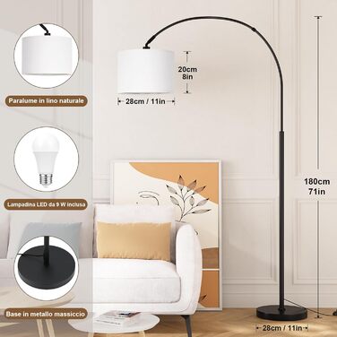 Торшер для вітальні Stehlampe з димером, LED E27, пульт ДУ, 3000K-6000K, бежевий (білий абажур + чорна база). Регульований кут нахилу 350°, висота 180 см.