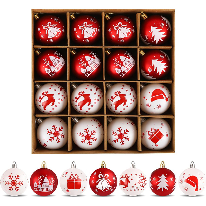 16 шт. прикрас для ялинки Homewit, 6 см, червоно-білі ялинкові кулі, набір для ялинки, святкова декорaція