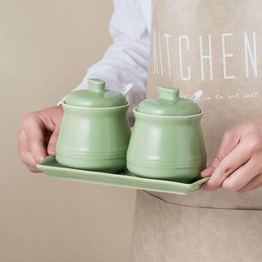 Ceramic Sugar Bowl with Spice Jars, Sugar Bowl with Lid, Sugar/Salt Pot/Seasoning Canister, Sugar Storage Jar, Sugar Pot, Sugar Container/Spice Jar (Green)