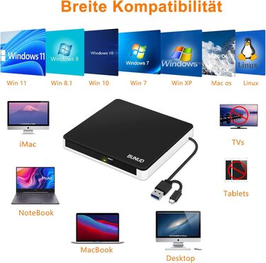 Зовнішній DVD-привід BUNUD USB 3.0: CD/DVD гравір та плеєр з картридером SD/TF для Windows 11, Mac, MacBook Pro Air, PC, ноутбука, чорно-білий