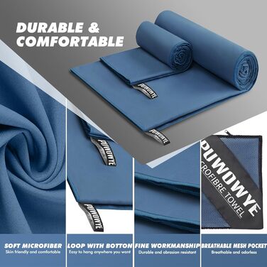 PUWOWYE Набір рушників з мікрофібри (2 шт.): великий 160x80 см + маленький 80x40 см, швидковисихаючі, для спорту, фітнесу, сауни, пляжу, подорожей та відпочинку на природі, блакитні