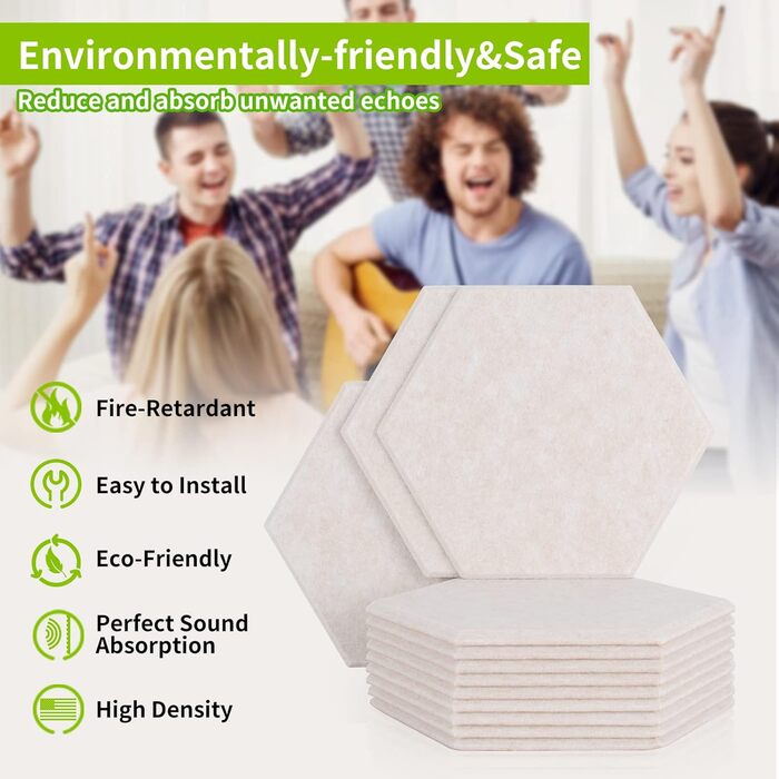 Набір акустичних панелей Rdutuok (12 шт), гексагональні звукопоглинаючі плити 30x26x1 см для студії, офісу та декору стін, колір верблюжий