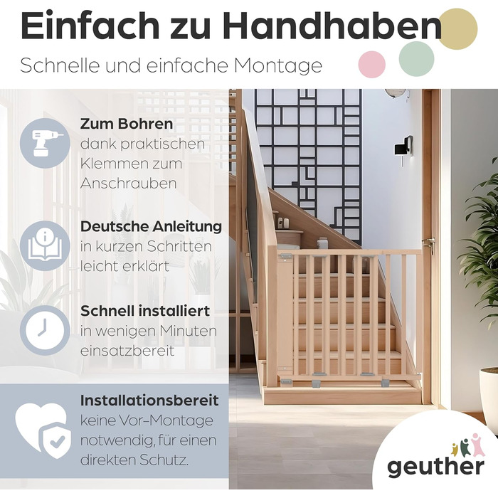 Захист для сходів Geuther Oris | Дверний замок для сходів з кріпленням, ширина 67-95 см | Дверний замок з розсувною дверцятами | Дерев'яне дитяче захисне ворота, натуральний лак 67-95 см