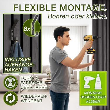 Акустичні панелі TRESKO з дерева 120×60x2,1 см, 4 шт. — 3D стінові ламелі для шумоізоляції, колір Дуб Антрацит, з набором для монтажу та 8 гачками